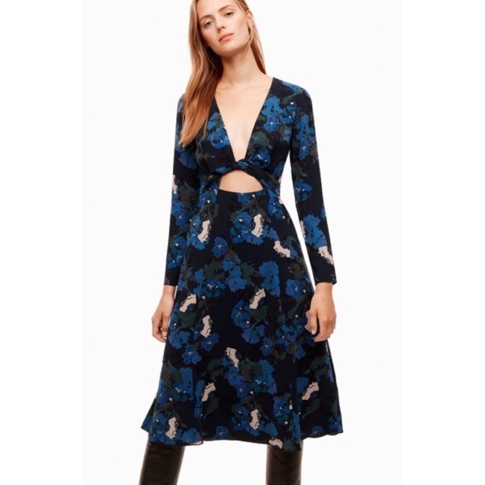 Aritzia Wilfred Aubagne Leaf Print Blue Green Cut Out Midi Dress